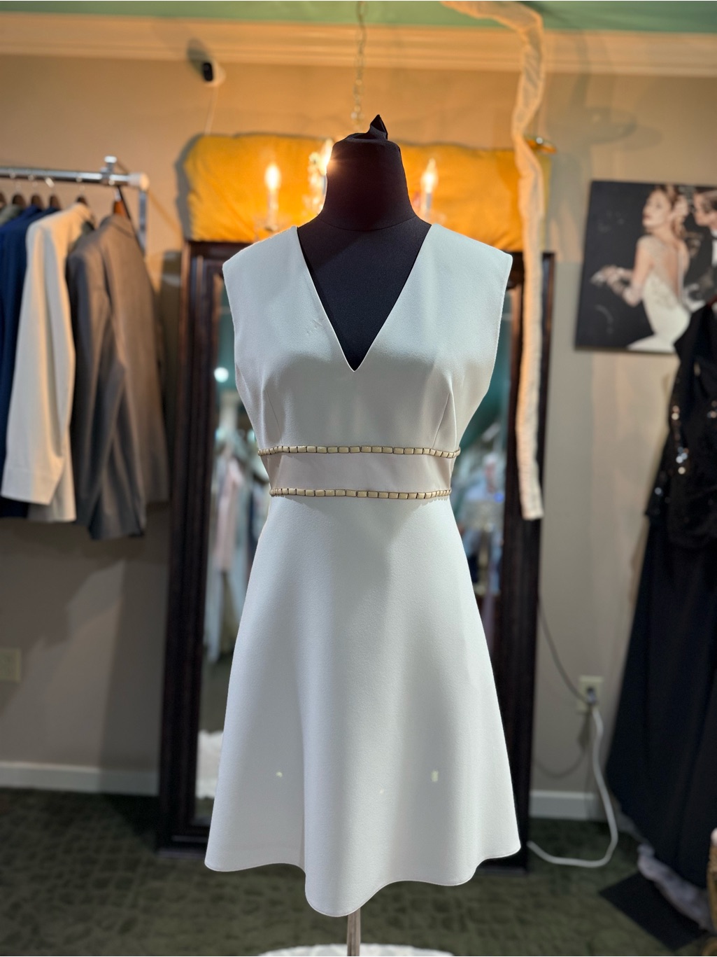 Forever Unique Ivory V-Neck Mini Dress With Embellished Waist